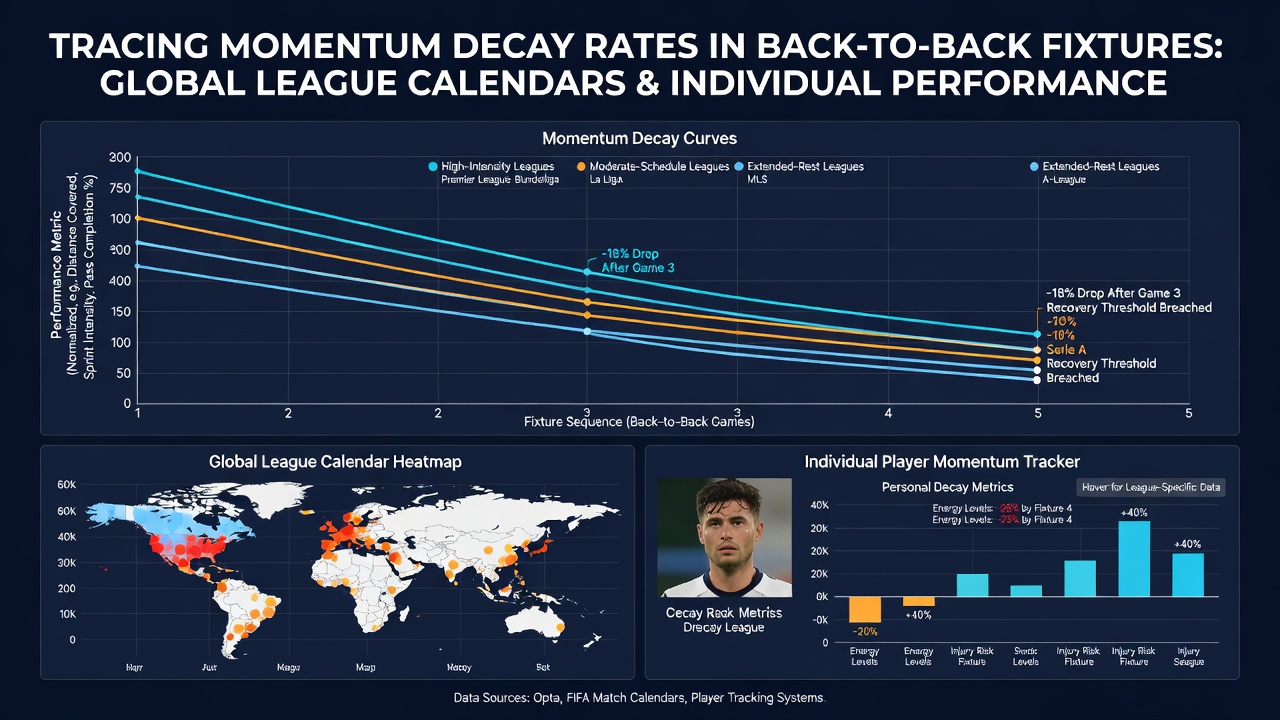 Data dashboard displaying momentum decay trends across multiple back-to-back fixtures in professional sports